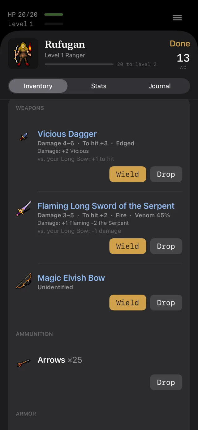 The Gravehoard pack: a Vicious Dagger and a Flaming Long Sword of the Serpent with their affixes itemized, and an unidentified Magic Elvish Bow below them
