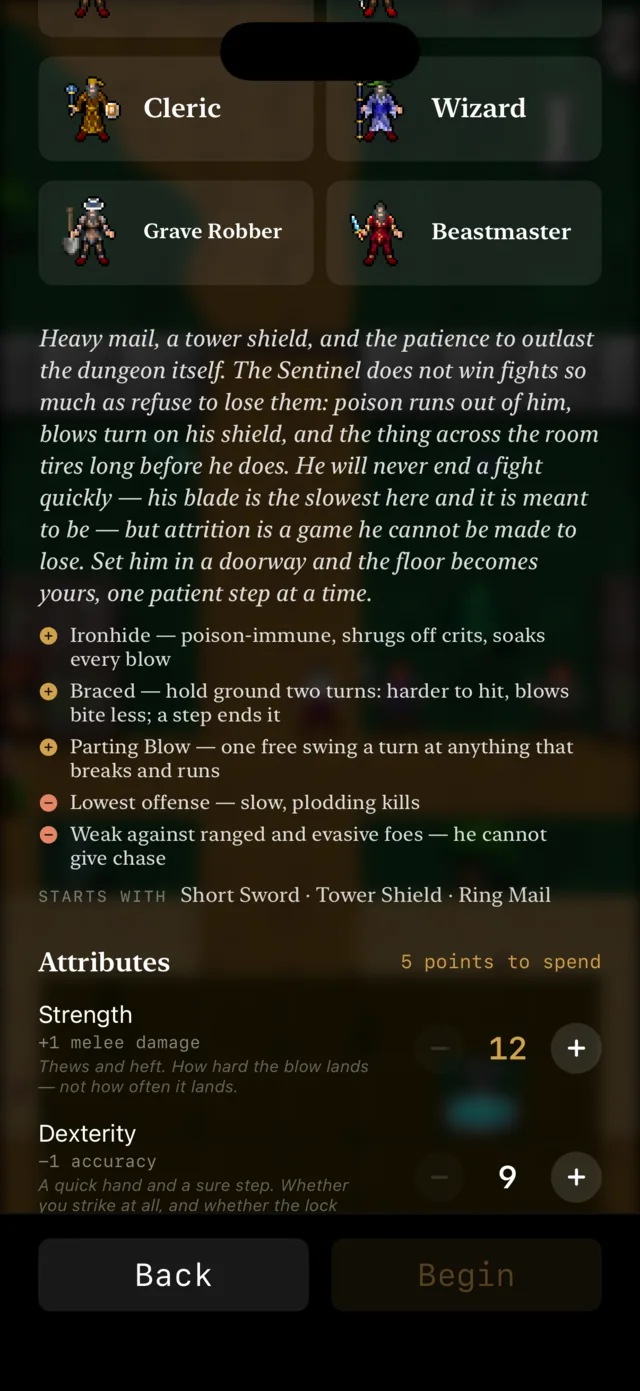 Gravehoard character creation: the Sentinel's card, three boons and two banes listed with its starting kit