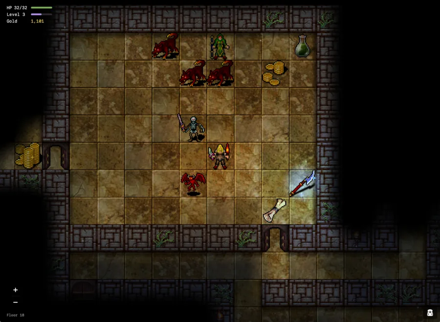 Floor eighteen: three hounds and a robed figure at the far wall, a sword-bearing skeleton closing, and a winged thing already past you