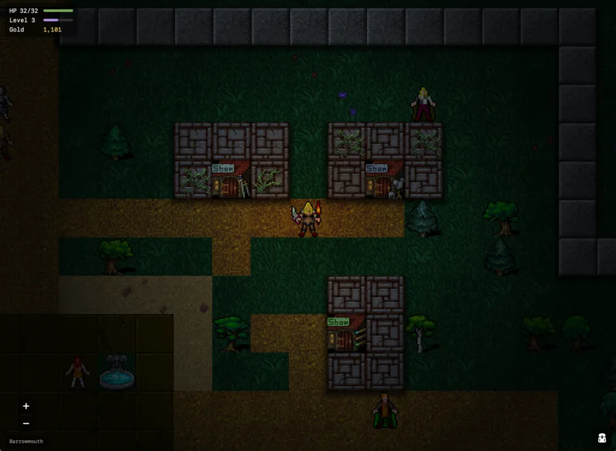Barrowmouth after dark: three lit shopfronts along the path, townsfolk out on the grass, and the fountain court below