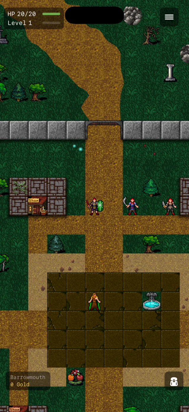 Back on your feet in Barrowmouth: the shop, townsfolk at the crossroads, the fountain court, and the barrow's mouth in the wall to the north