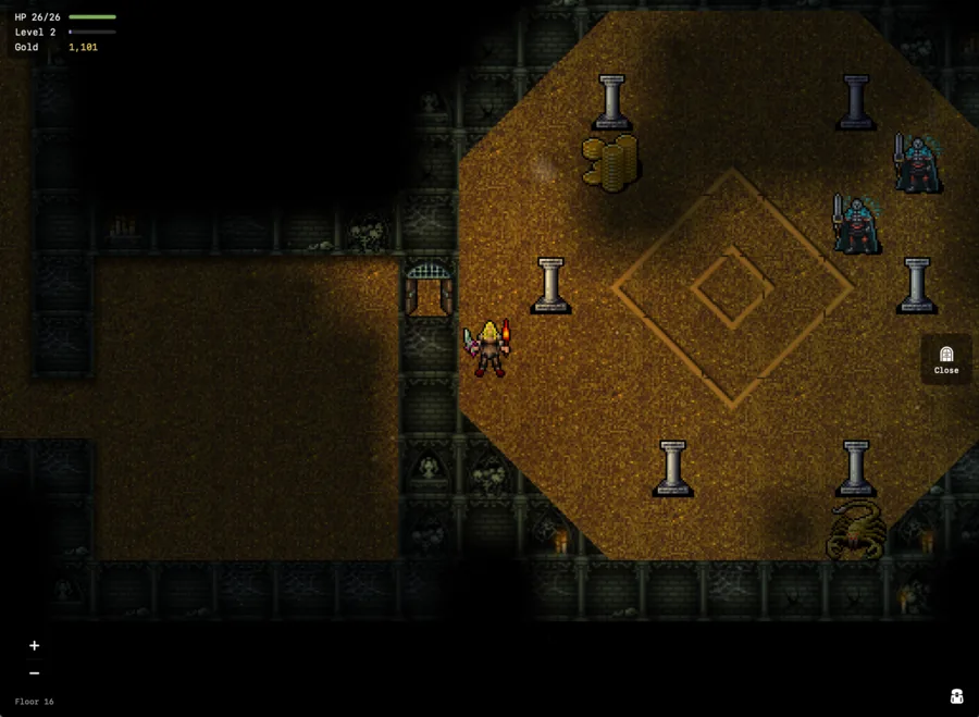 A colonnade sixteen floors down: pillars around a sigil cut into the floor, gold on the ground, two armed skeletons and a scorpion at the far side
