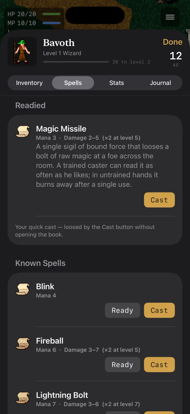 A Gravehoard spellbook: Magic Missile readied for quick casting, with Blink, Fireball and Lightning Bolt known, each priced in mana
