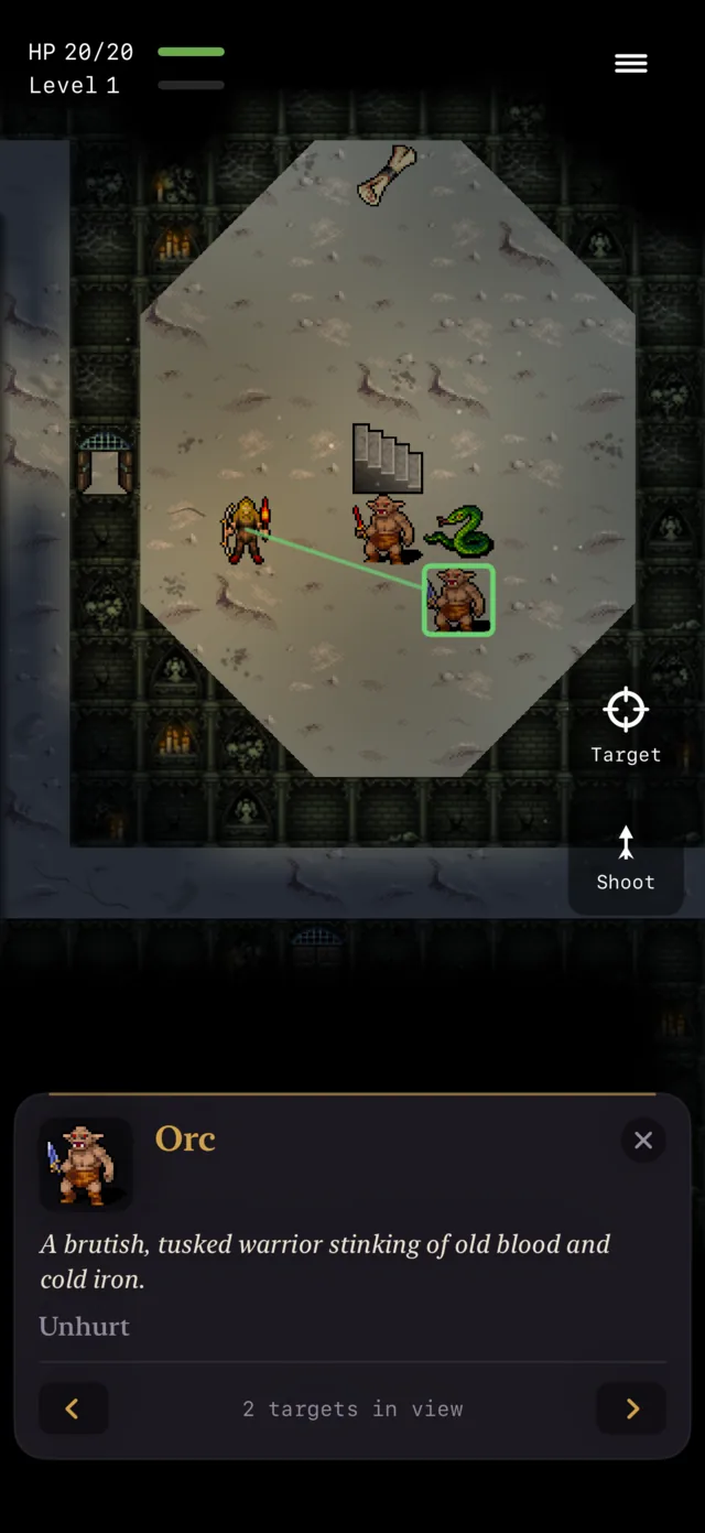 Gravehoard targeting a distant orc, a green line of fire running to the reticle while a second orc and an adder stand nearer