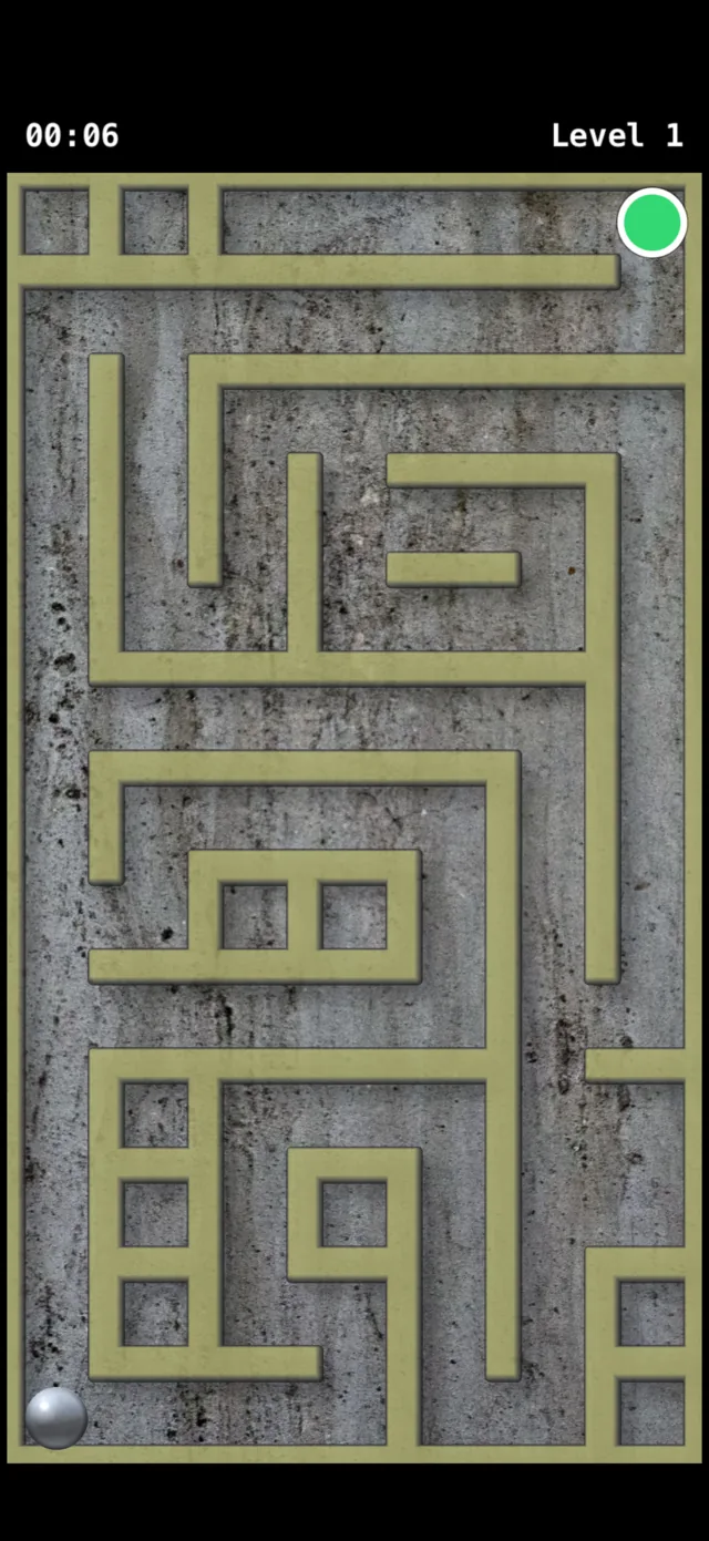 Tilt Maze at Level 1: wide olive corridors over a weathered concrete background, the silver ball at bottom left and the green exit at top right