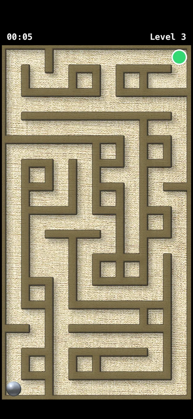 Tilt Maze at Level 3: brown walls over a coarse woven sand-colored background